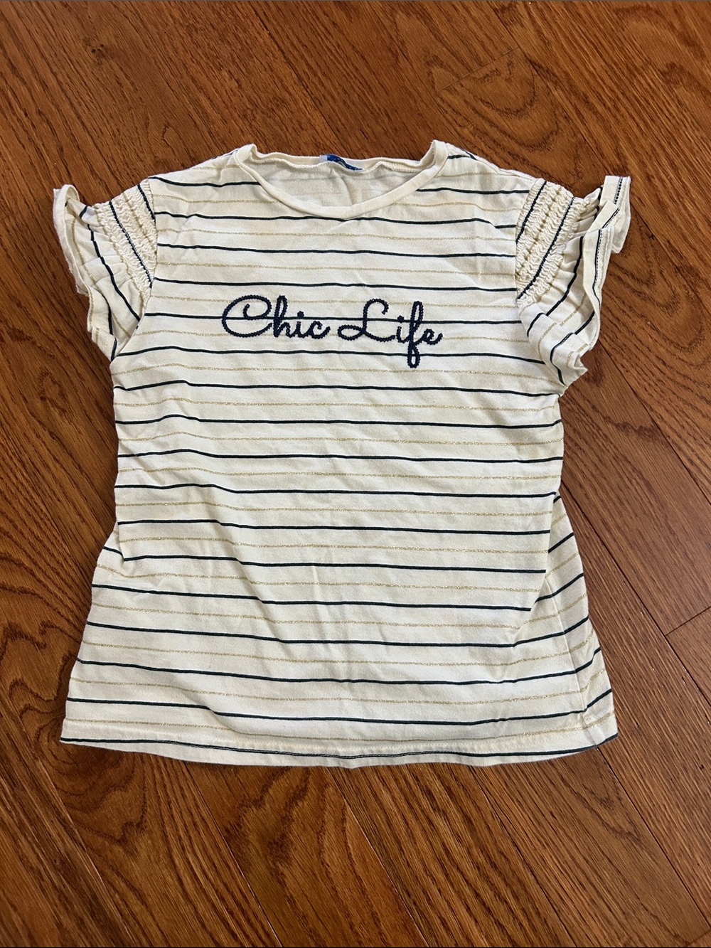 Chic Life Girls' White Striped Tee with Navy Embroidery